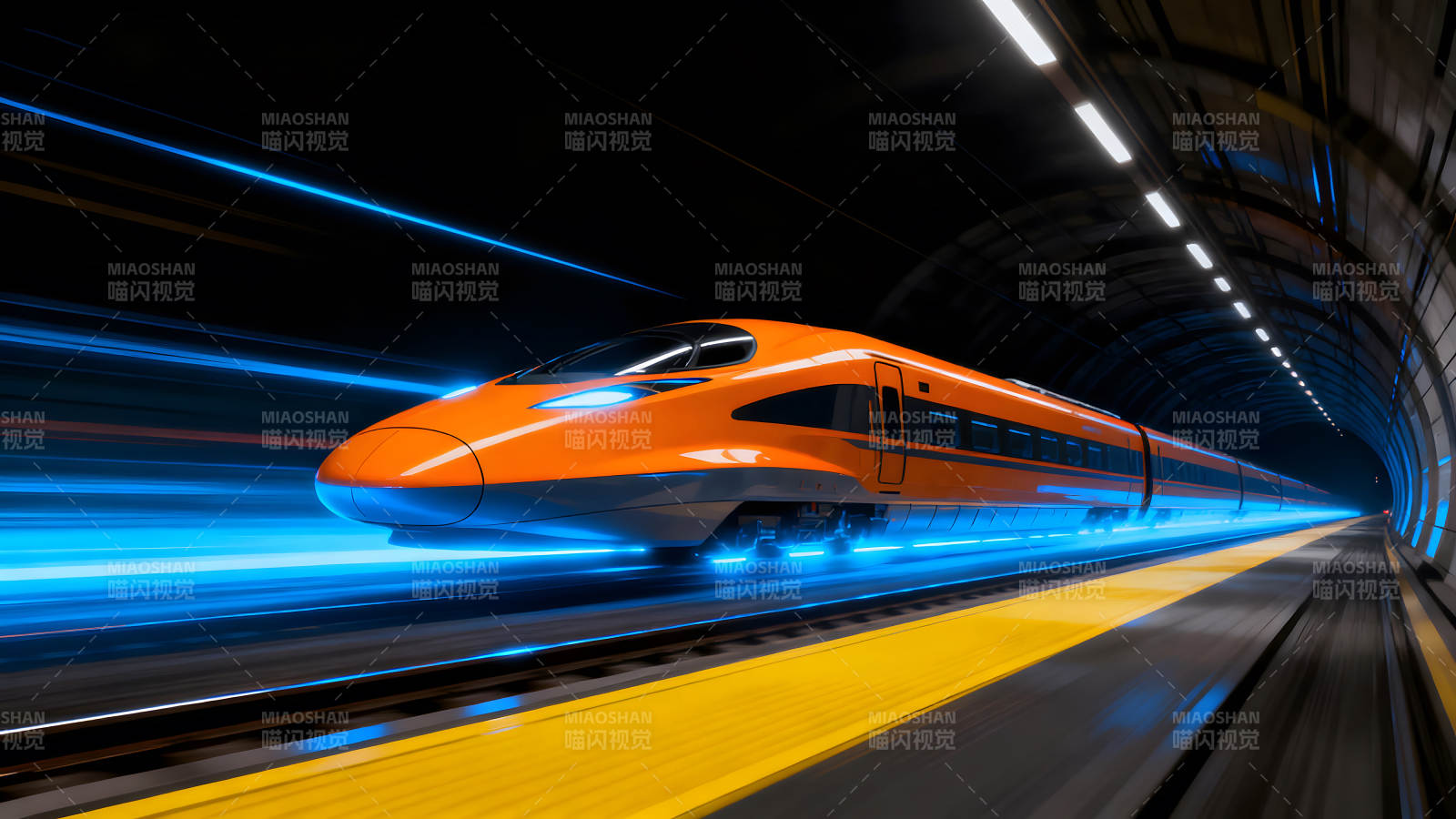 高速列车飞驰于隧道中图片