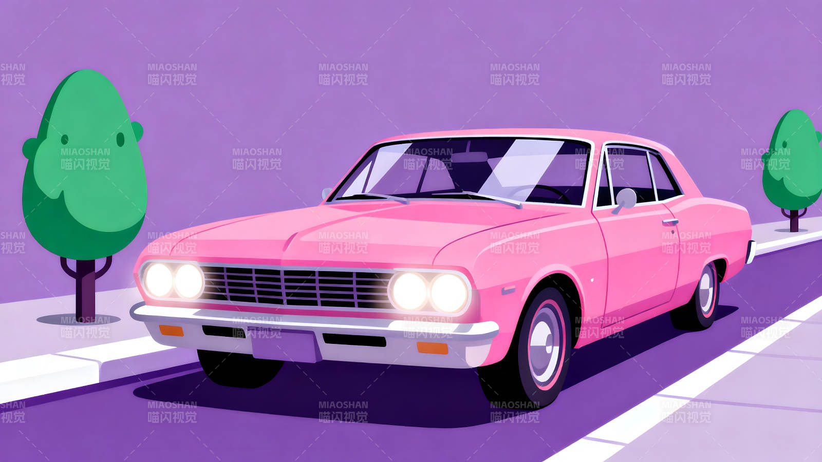 粉色复古轿车与绿色树木图片