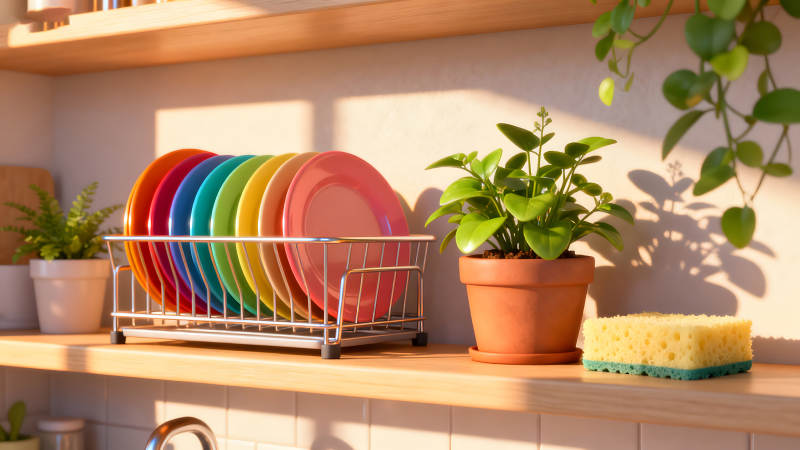 厨房一角彩色盘子与绿植-图片