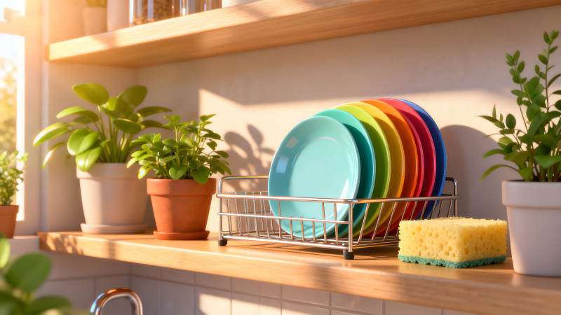 厨房一角彩色餐盘和植物-图片