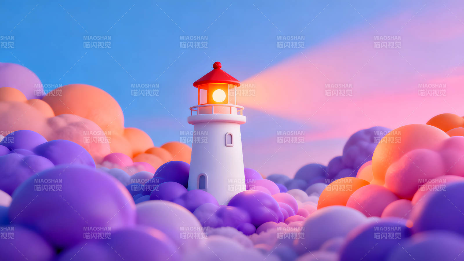 云中灯塔的光芒照亮天空-图片