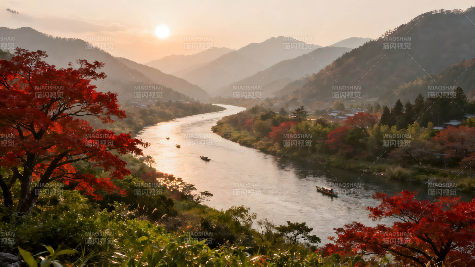秋日河畔风景如画夕阳下山川河流美不胜收图片