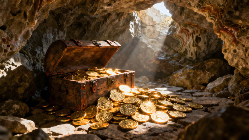 宝箱里的金币阳光照射-图片