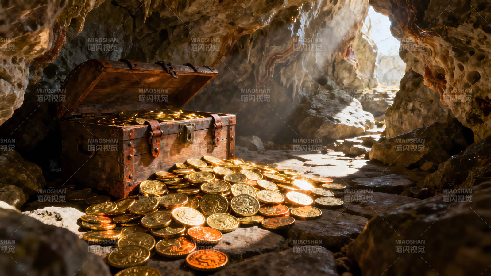 宝藏洞穴中的金币图片