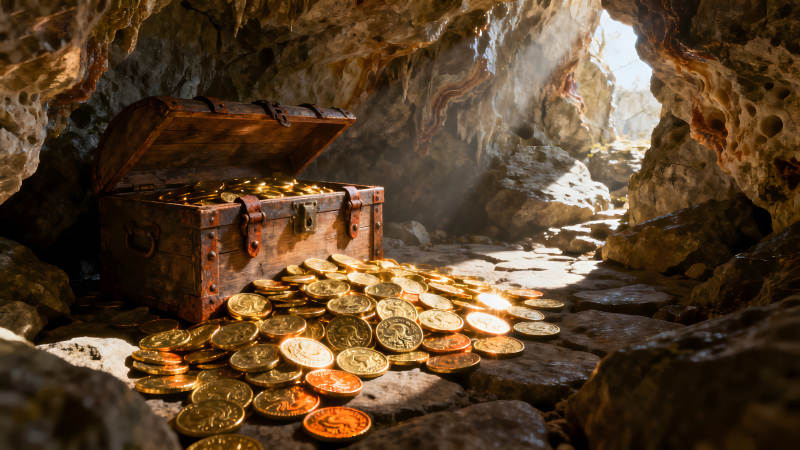宝藏洞穴中的金币-图片