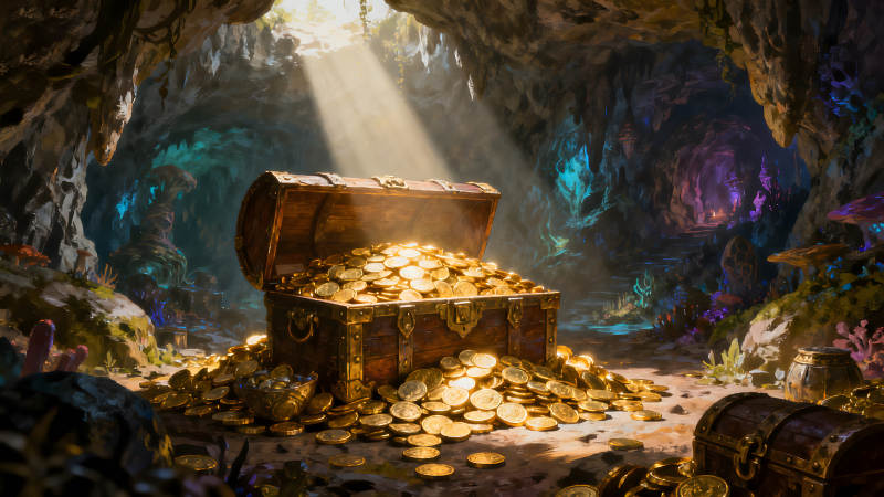 寶藏洞穴金幣滿溢陽光照射-圖片