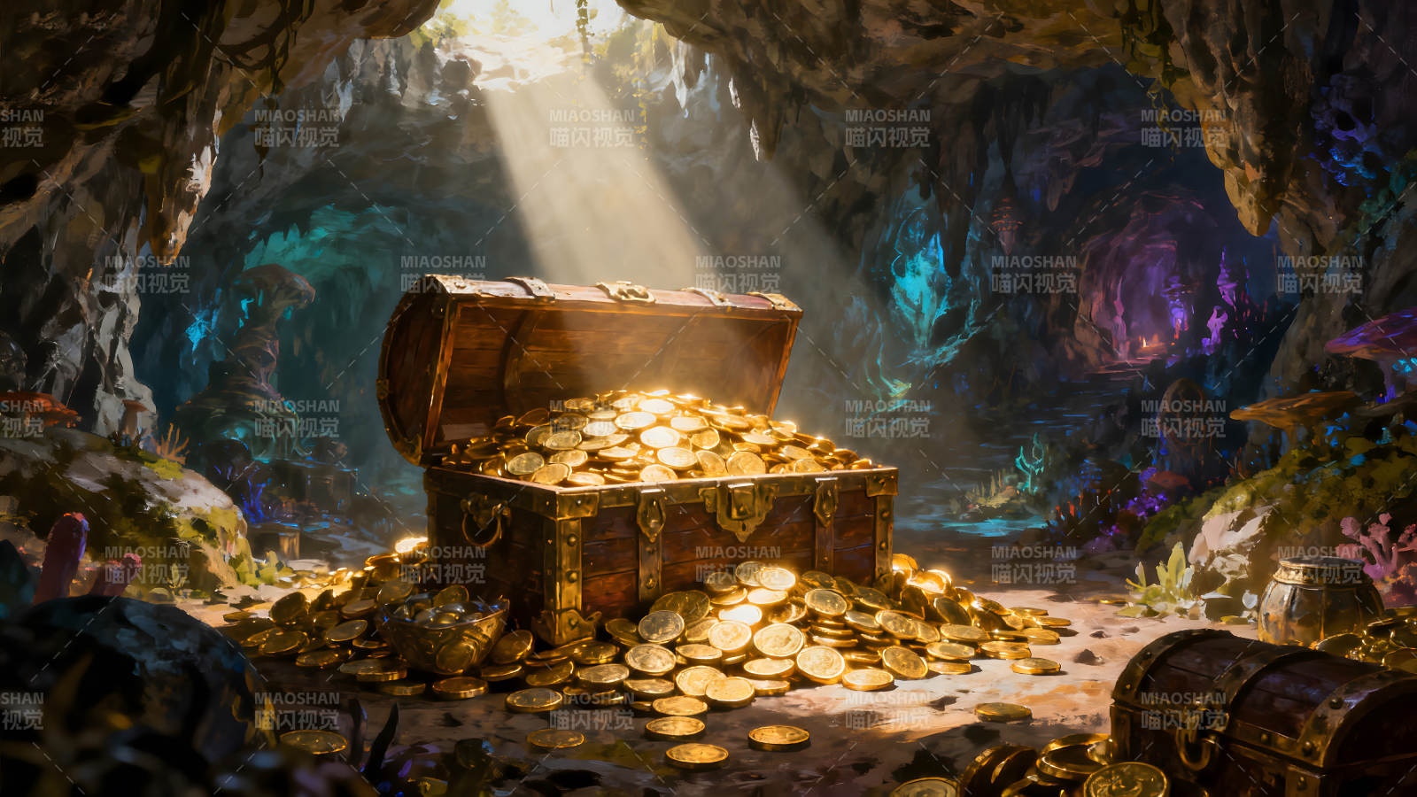 寶藏洞穴金幣滿溢陽光照射-圖片