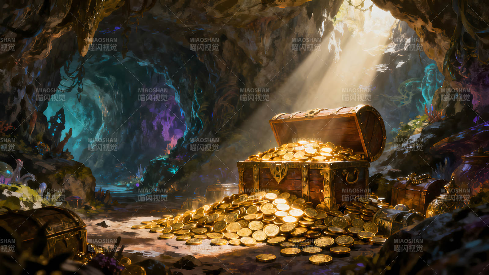 洞穴寶藏光芒四射金幣堆積如山圖片