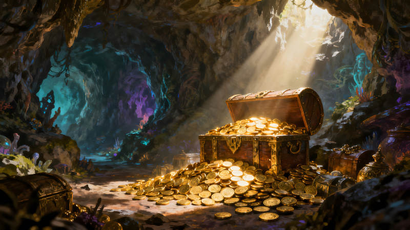 洞穴寶藏光芒四射金幣堆積如山-圖片