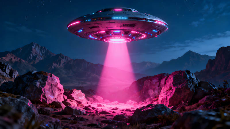 飞碟夜空照亮山脉-图片