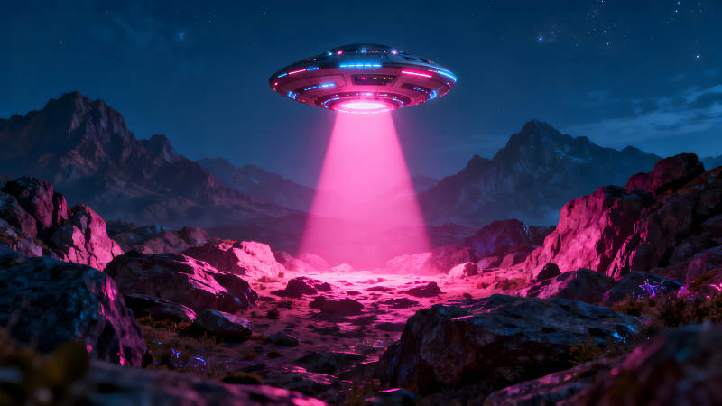 夜空下的UFO粉色光束照射大地-图片