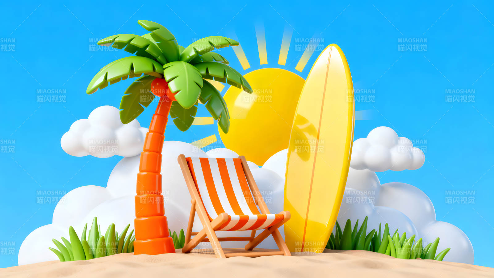 海灘度假陽光沙灘棕櫚樹沖浪板-圖片