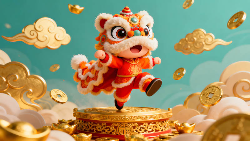 喜慶祥和的舞獅慶祝新年-圖片