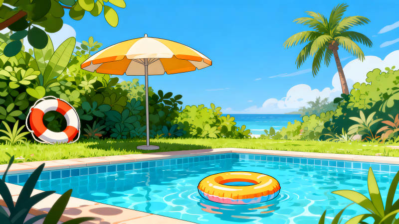 夏日泳池风景阳光明媚惬意-图片