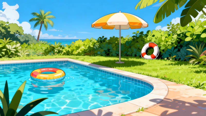 泳池晴天愜意休閑場景-圖片