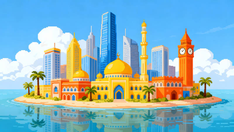 像素化城市風景包含清真寺鐘樓-圖片