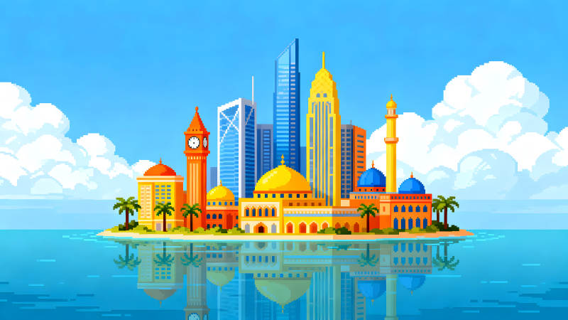 像素城市風光與水面倒影-圖片