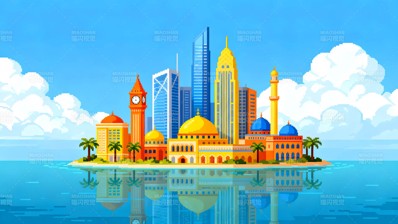 像素城市風(fēng)光與水面倒影-圖片