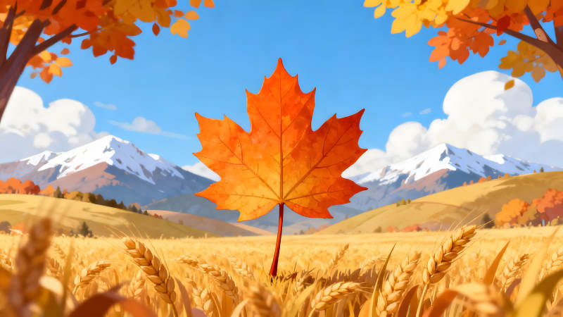 秋日風光楓葉麥田山川-圖片