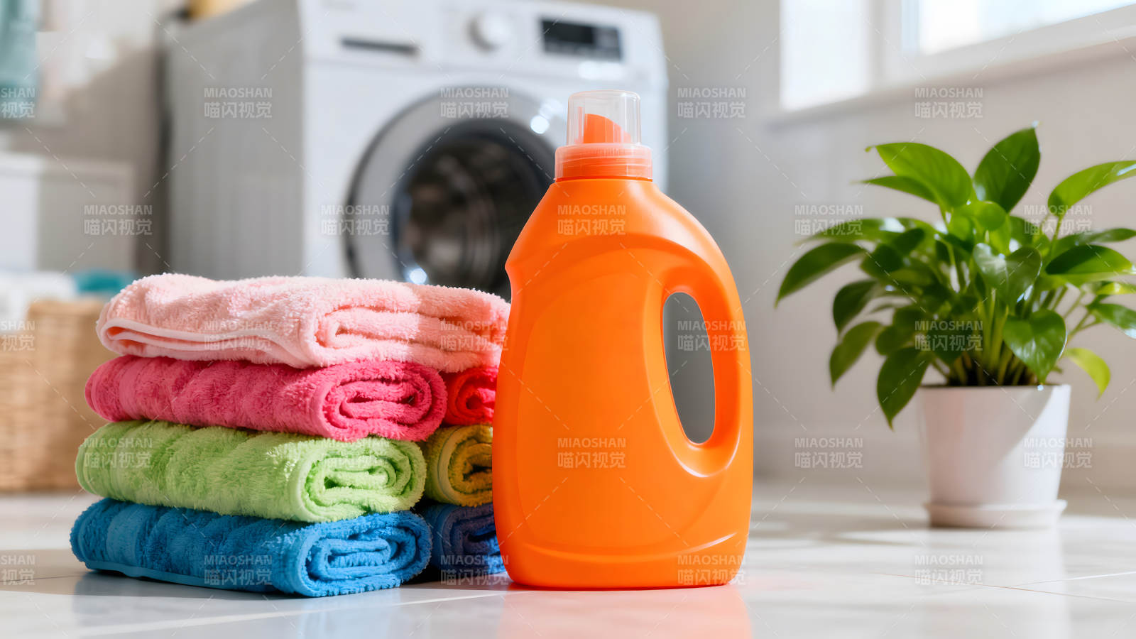 洗衣房內(nèi)堆疊的毛巾和洗衣液-圖片