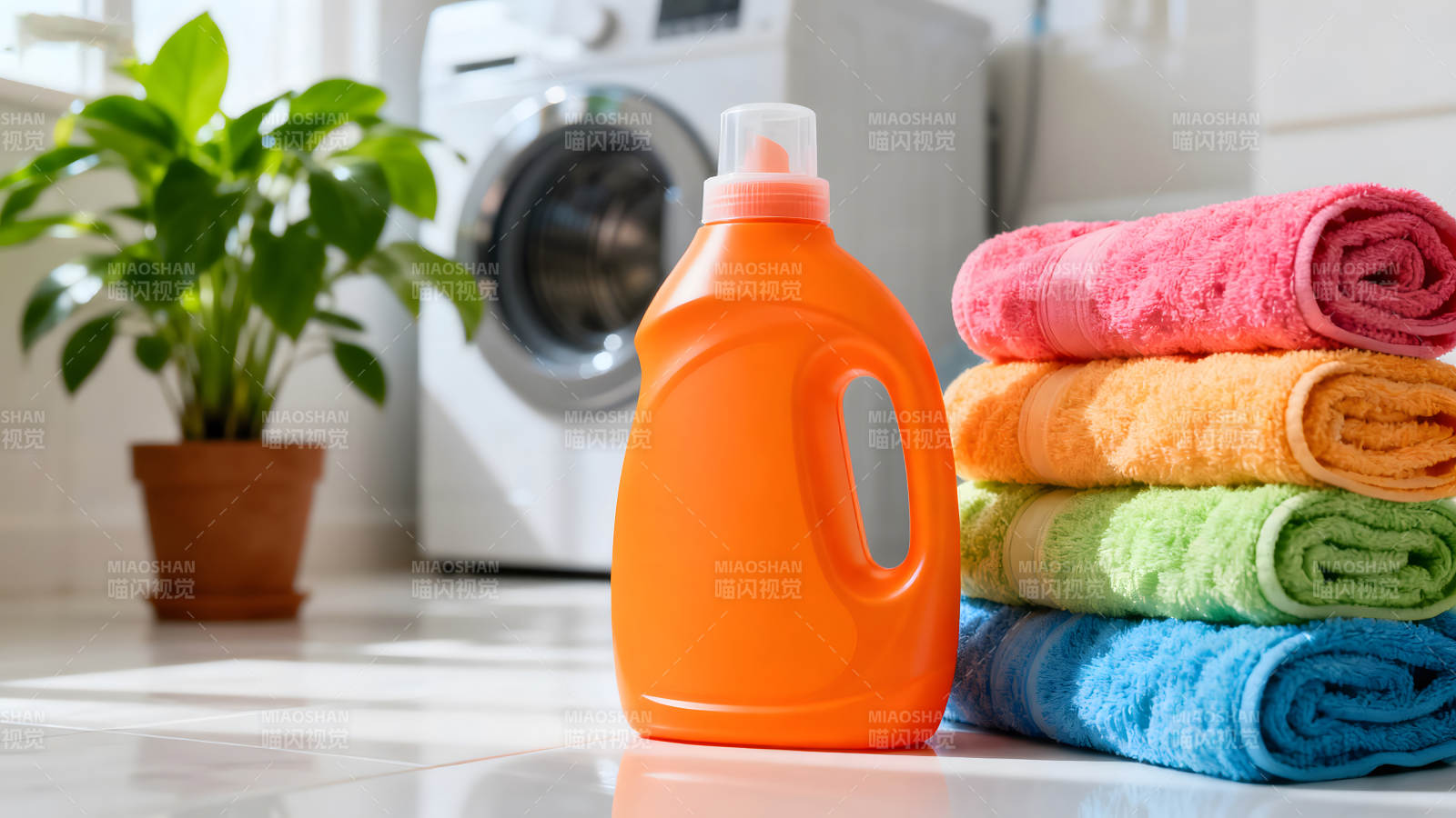 洗衣房景象洗滌液與毛巾-圖片