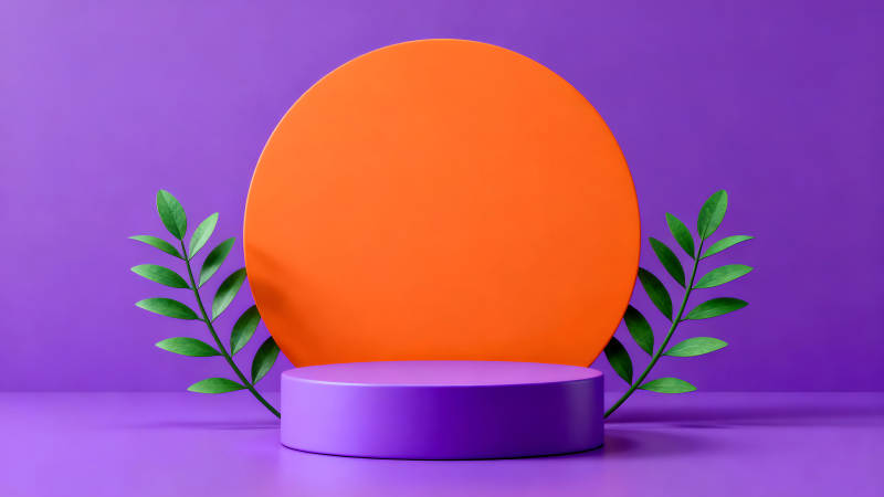 紫色背景上的橙色圆形和植物装饰-图片