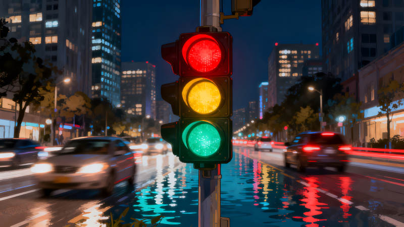 夜晚城市交通信号灯-图片