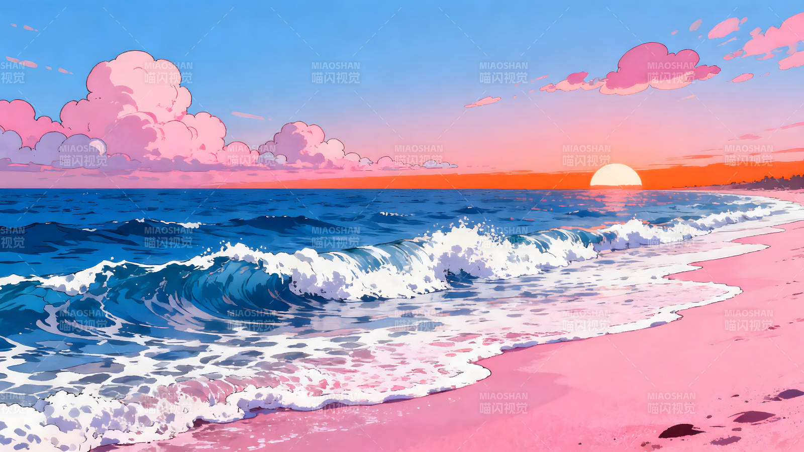 粉色沙滩与日落景象图片