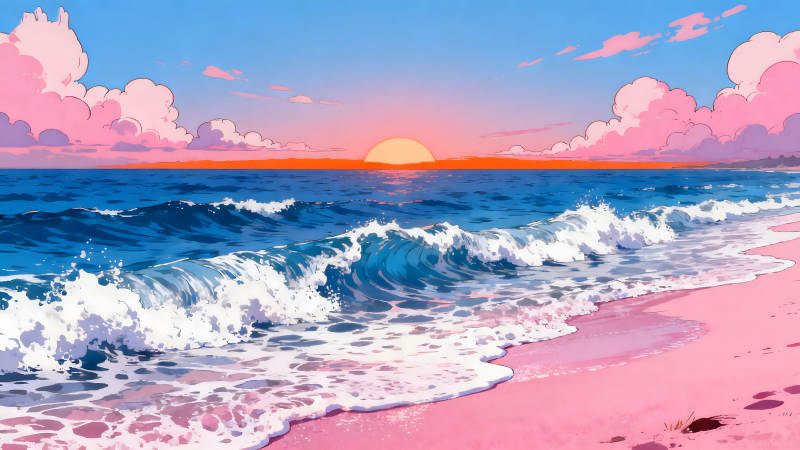 唯美日落海滩风景画图片