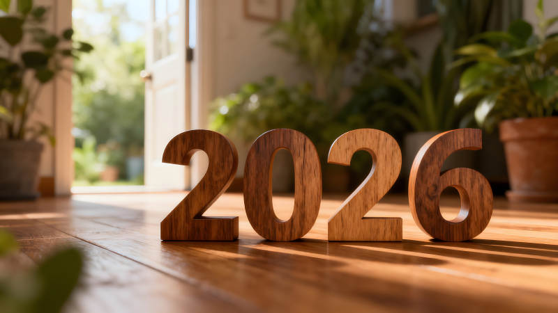 2026木質數字置于木地板上-圖片