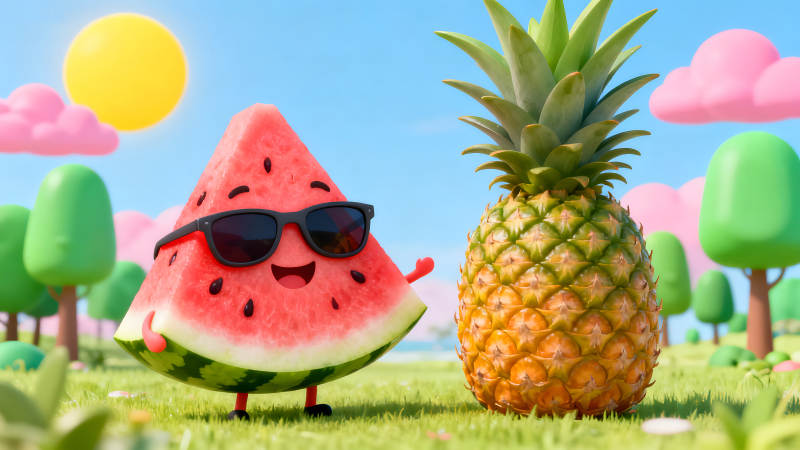 西瓜和菠蘿在陽光下玩耍-圖片