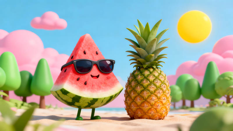 卡通水果海灘休閑場景-圖片