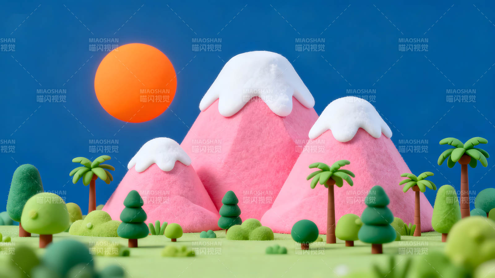 卡通風格山景與日落-圖片