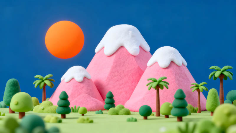 卡通風格山景與日落-圖片