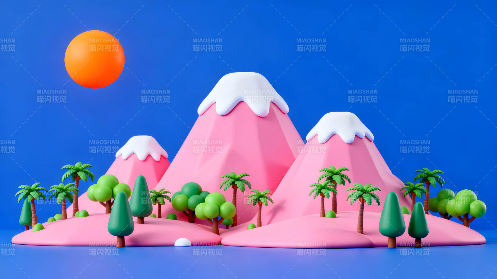 粉色山丘下的卡通世界-圖片