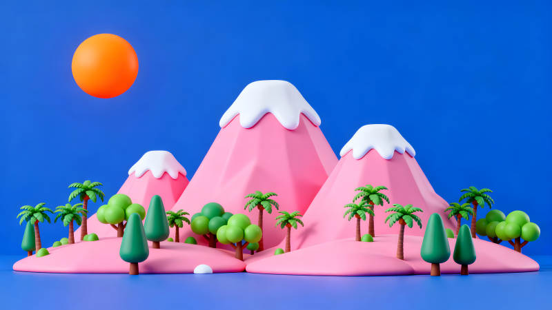 粉色山丘下的卡通世界-圖片