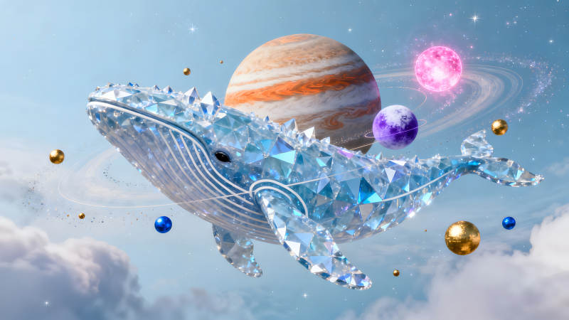 水晶鯨魚在宇宙中遨游漂浮在云層之上-圖片