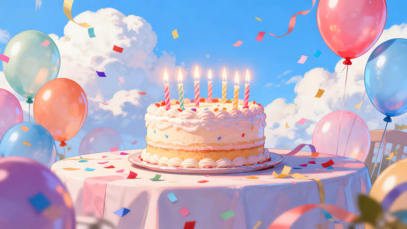 生日蛋糕周围有气球和彩带-图片