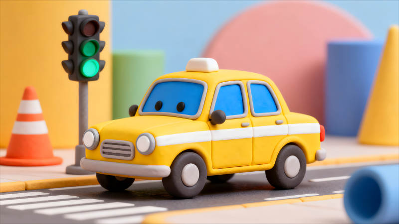 可爱的玩具出租车在街道上行驶-图片