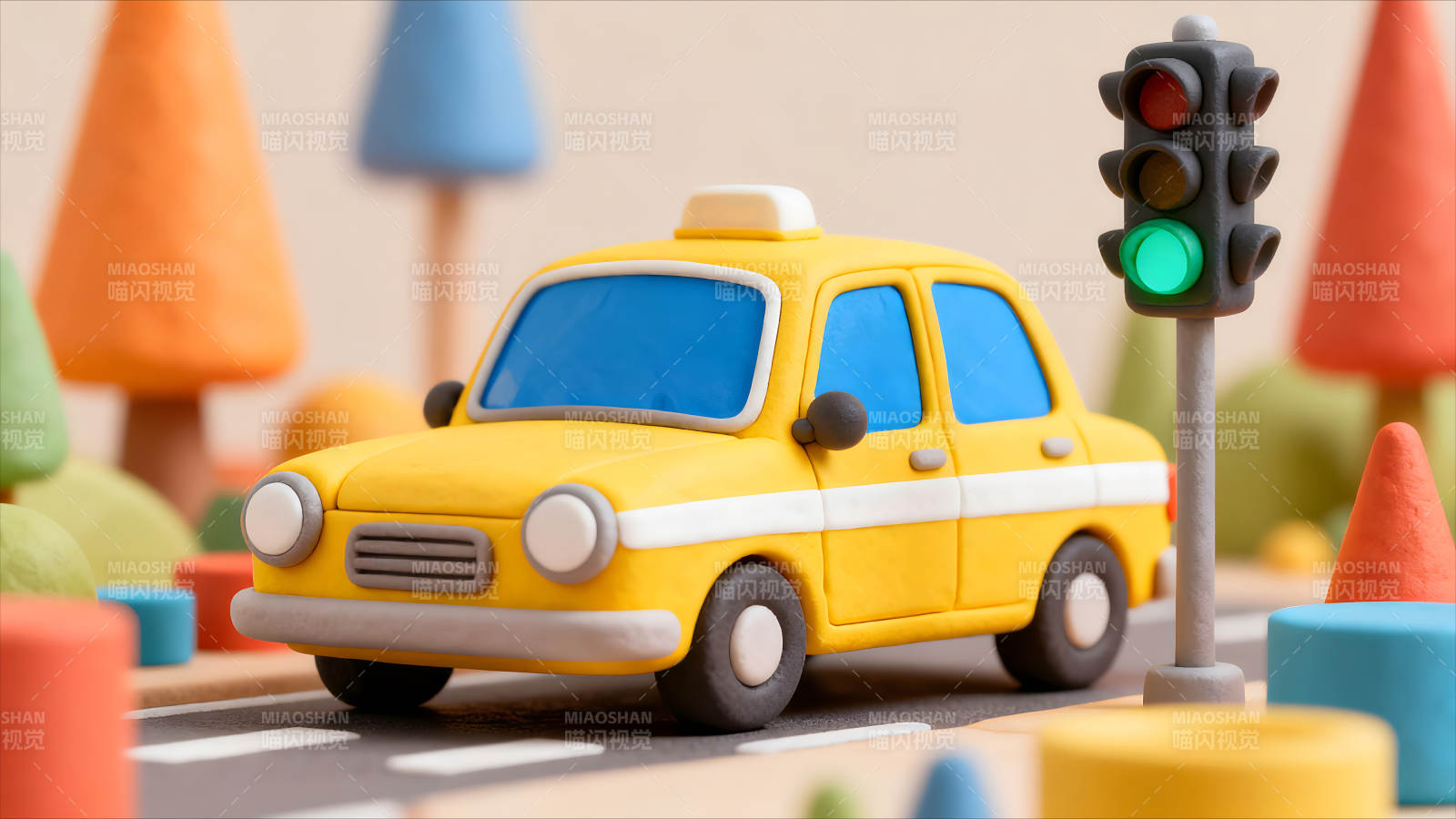 玩具出租车在交通信号灯下行驶-图片