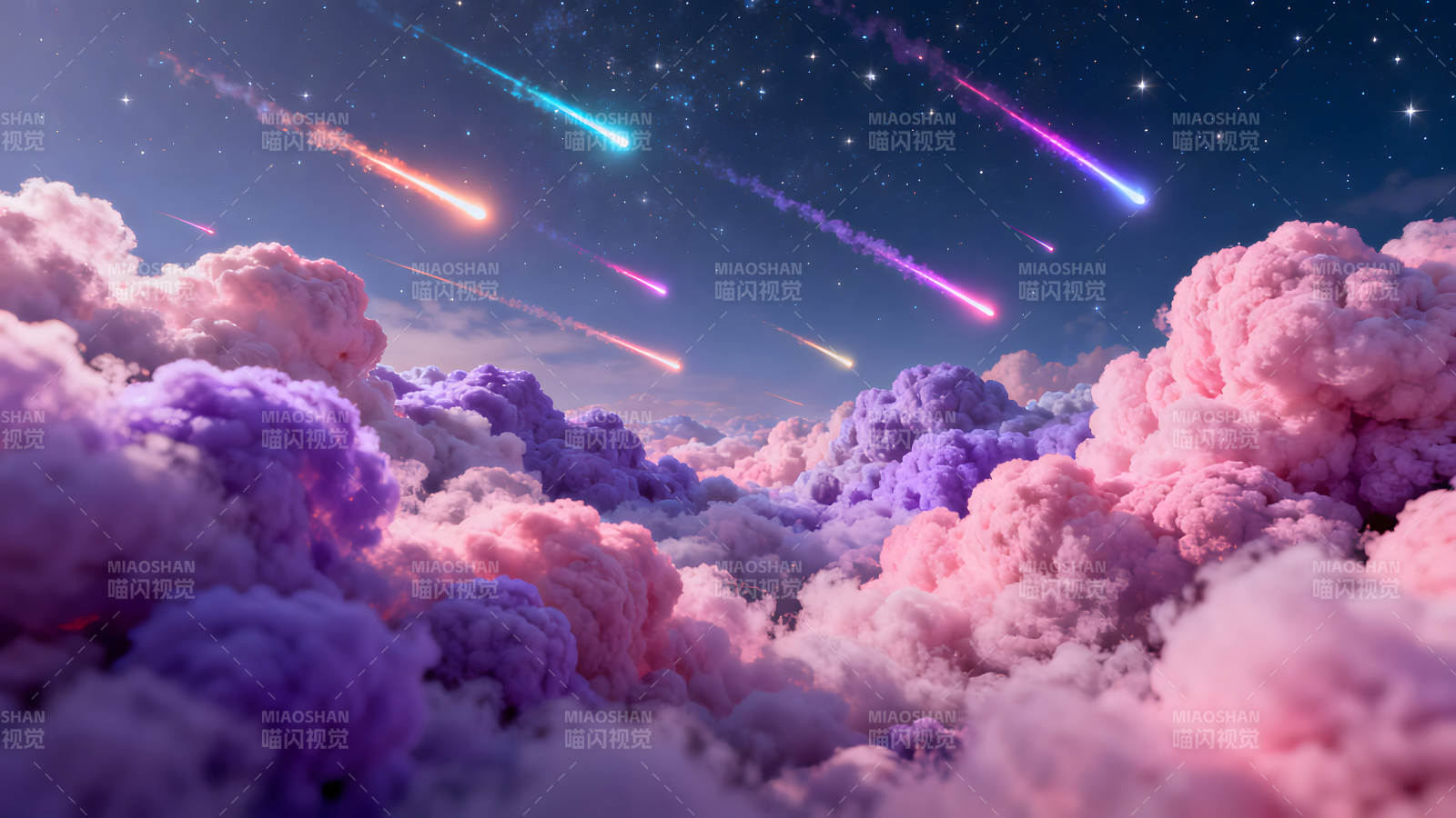 梦幻星空流星雨与彩色云朵交织-图片