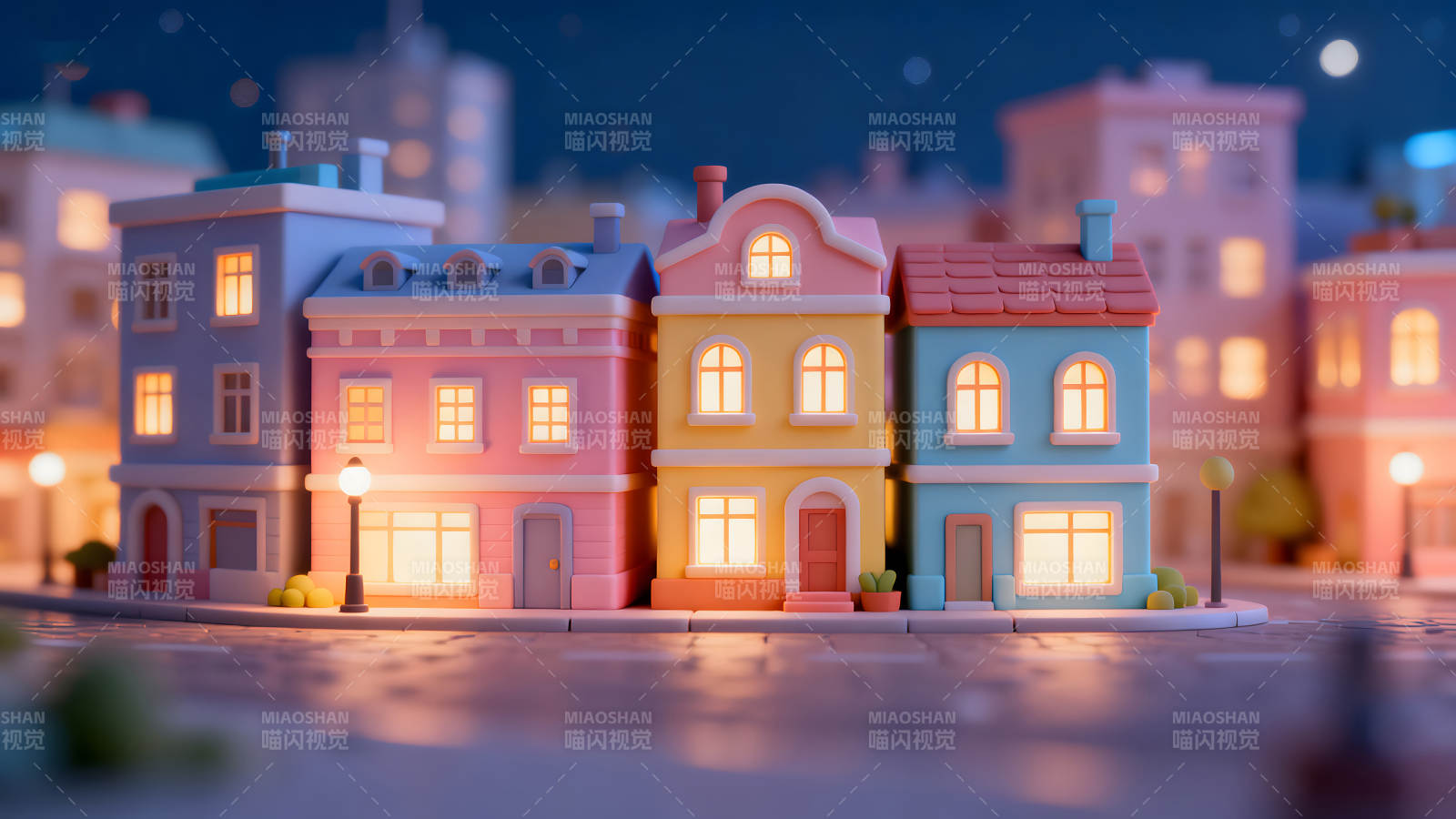 卡通夜景城市房屋灯光温馨-图片