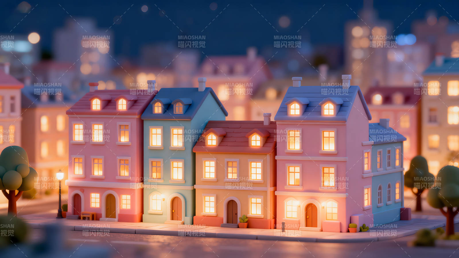 可愛夜景卡通小鎮房屋圖片