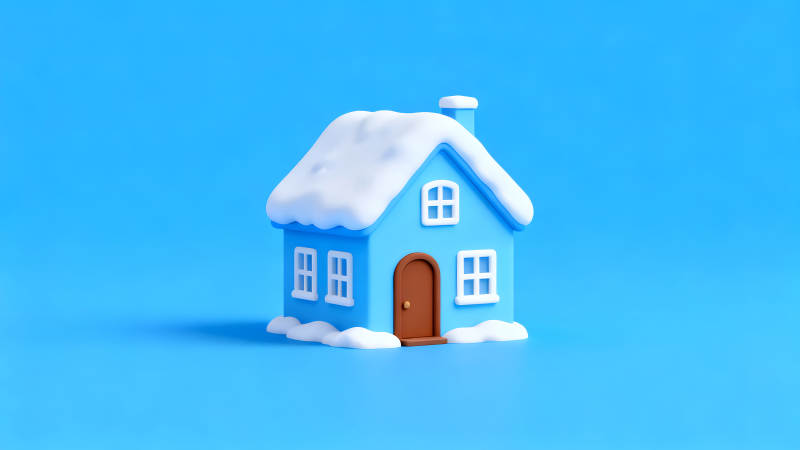 藍色的房子被白雪覆蓋背景是藍色-圖片