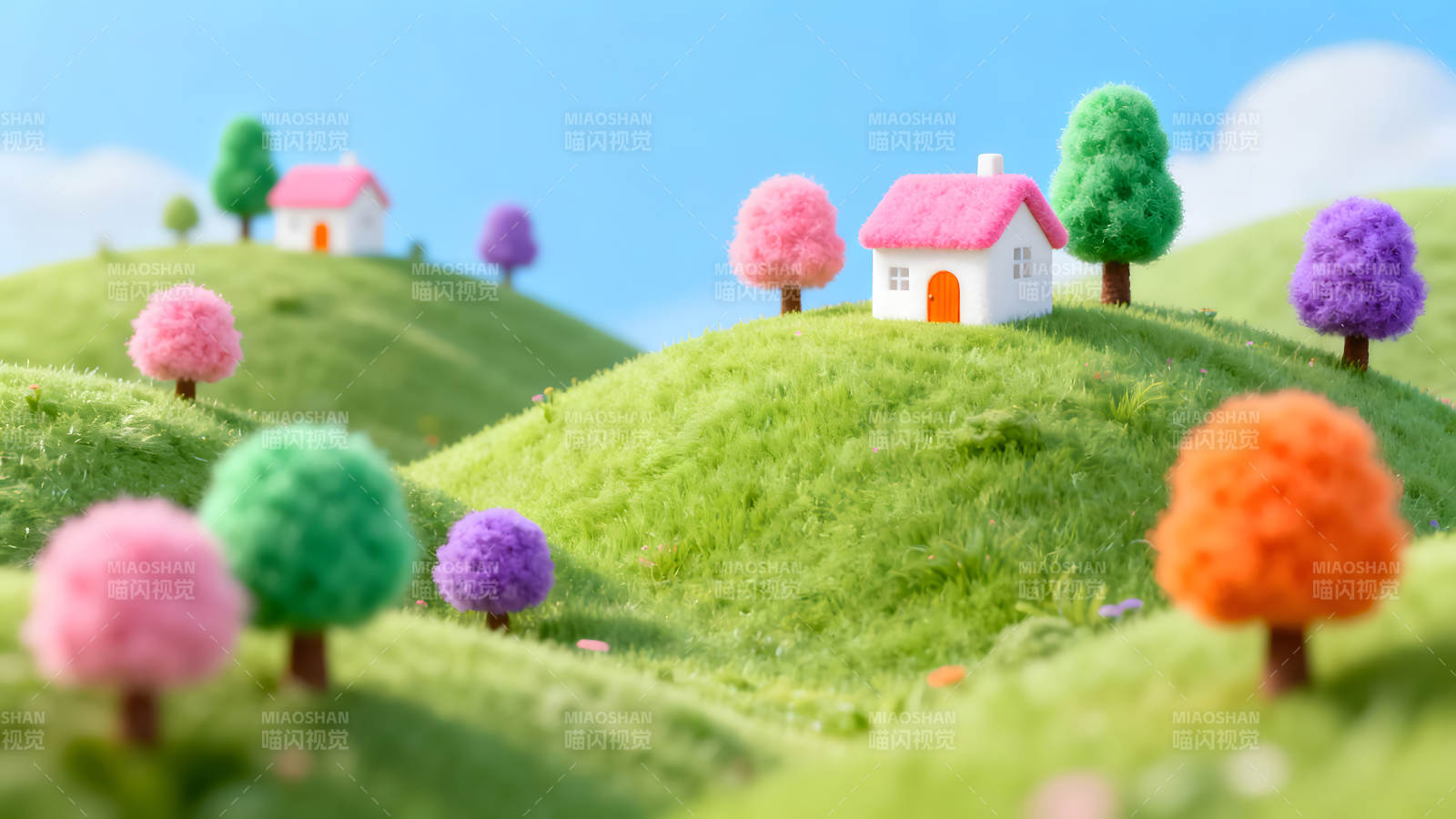 卡通小村莊色彩繽紛的夢幻世界-圖片