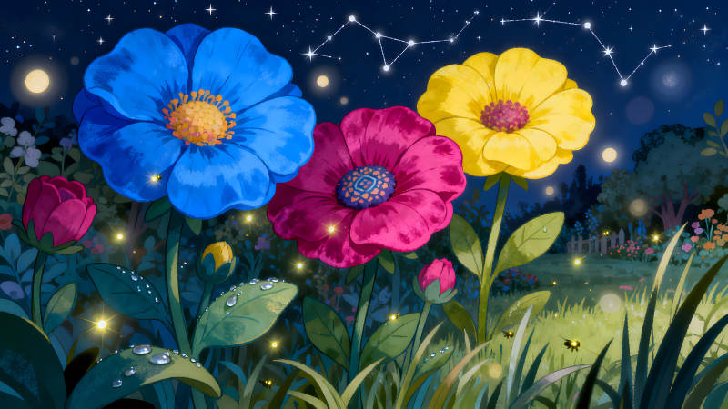 梦幻花园夜景花朵绽放星光闪烁-图片