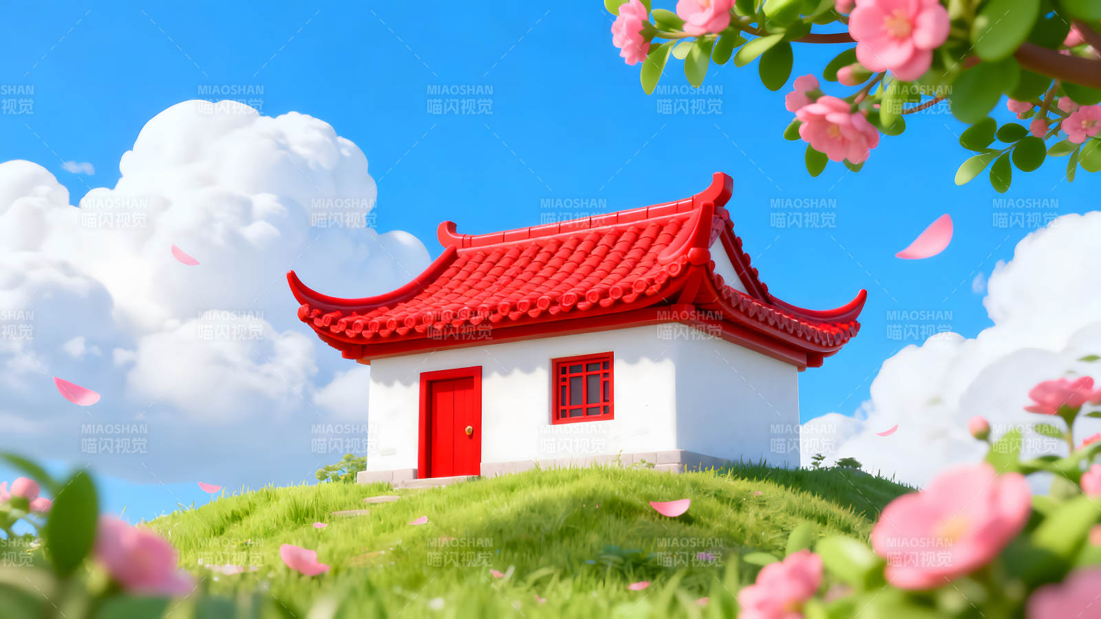 紅瓦白墻小院綠草藍(lán)天花瓣飄落-圖片