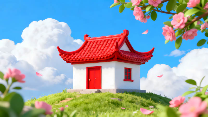可愛小房子在藍天白云下-圖片