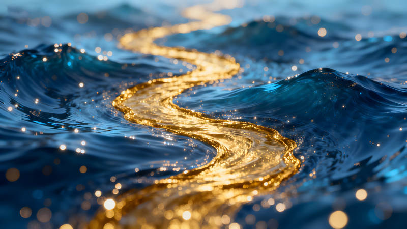 金色河流穿梭蓝色海洋波涛-图片