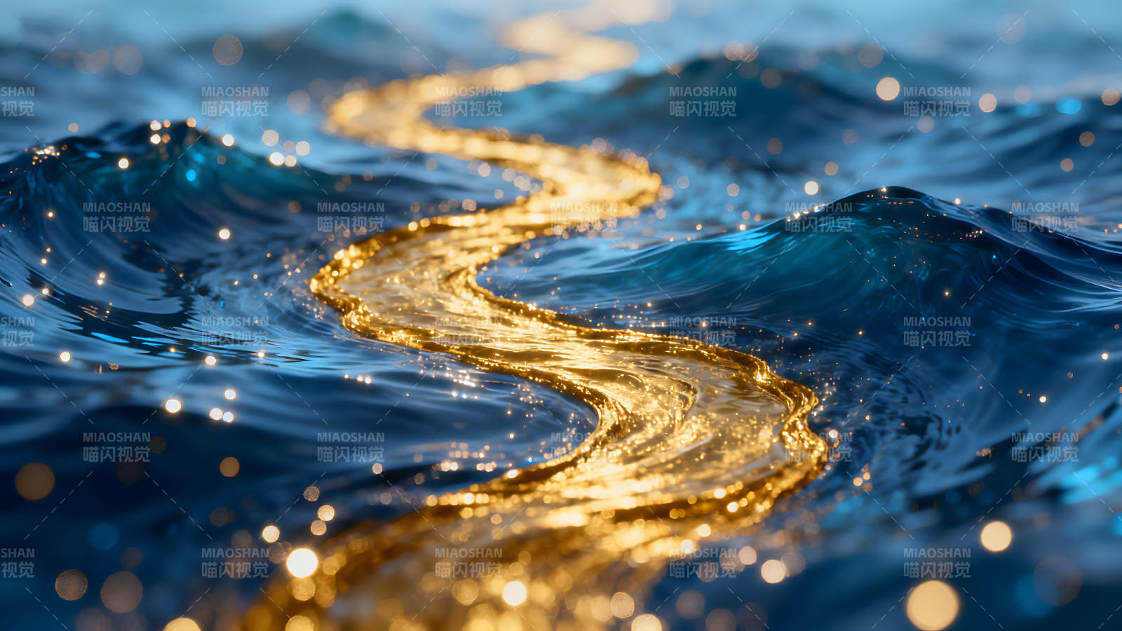 金色河流穿梭藍色海洋波濤-圖片